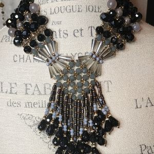 Unsigned ALL Glass Black/Smokey Gray Beaded Elegant Statement Bib Necklace